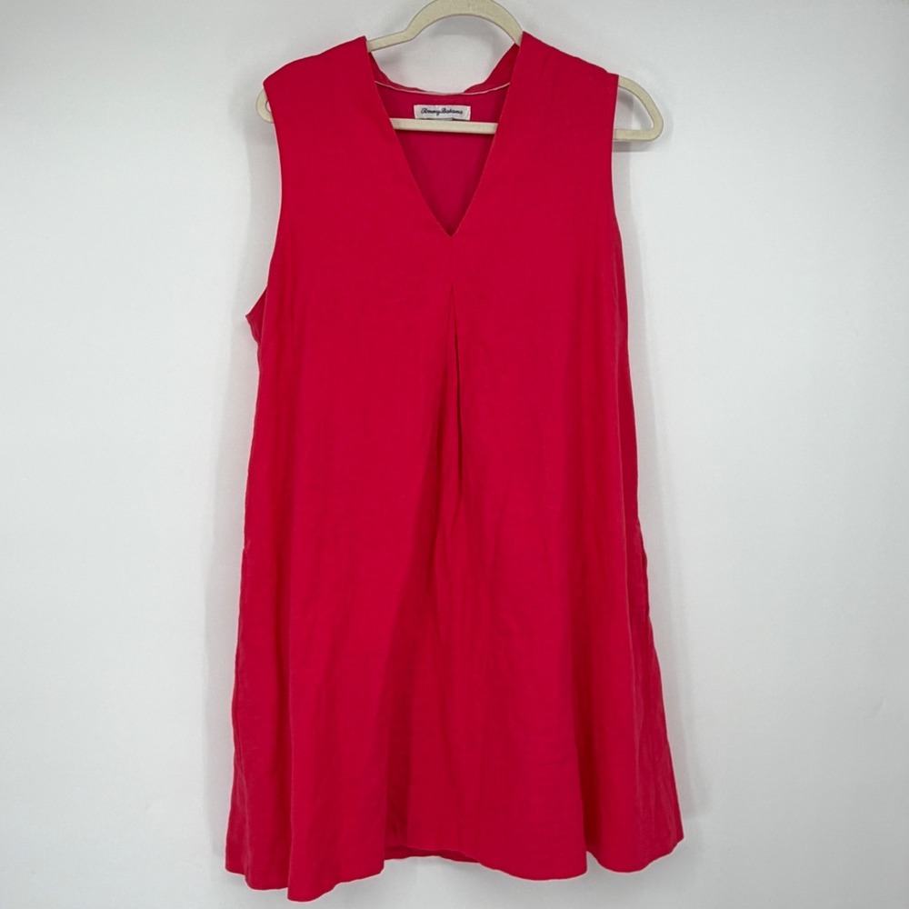 Tommy Bahama Pink Linen Blend Sleeveless V-Neck Shift Dress with Pockets